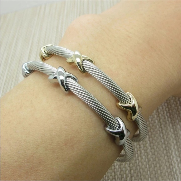 GOLD & SILVER PLATED TITANIUM STEEL ROPE CUFF BRACELETS WITH “X” DETAILS - Picture 9 of 12